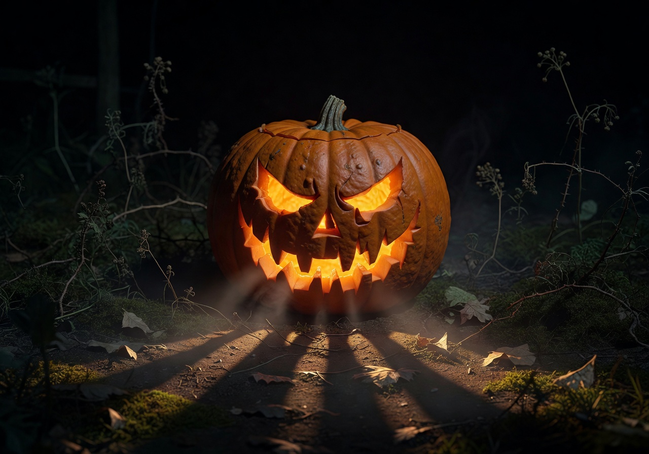 Glowing spooky jack-o-lantern pumpkin