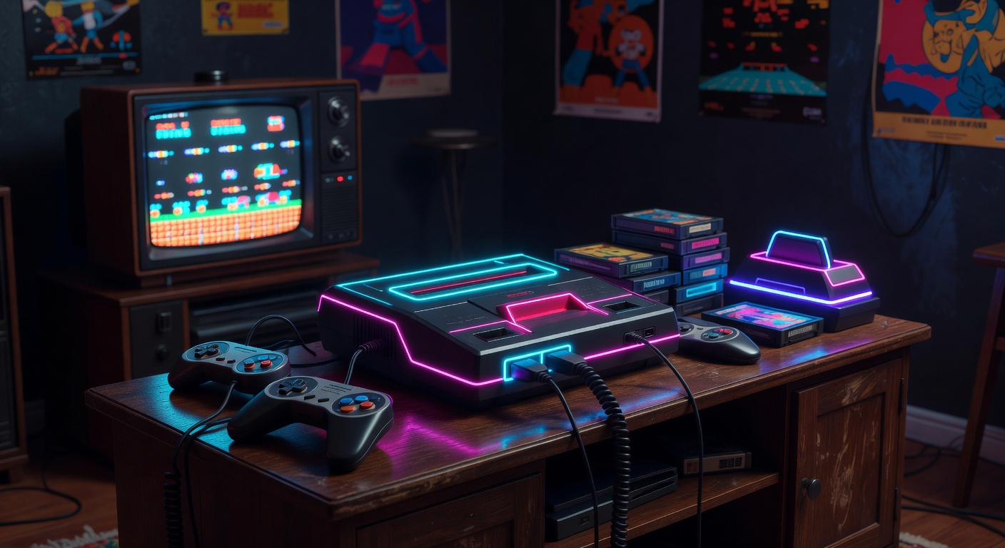 Retro neon gaming console setup