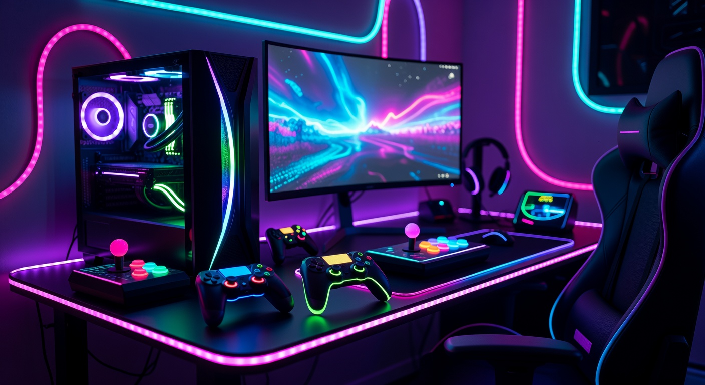 Vibrant neon gaming setup and controllers